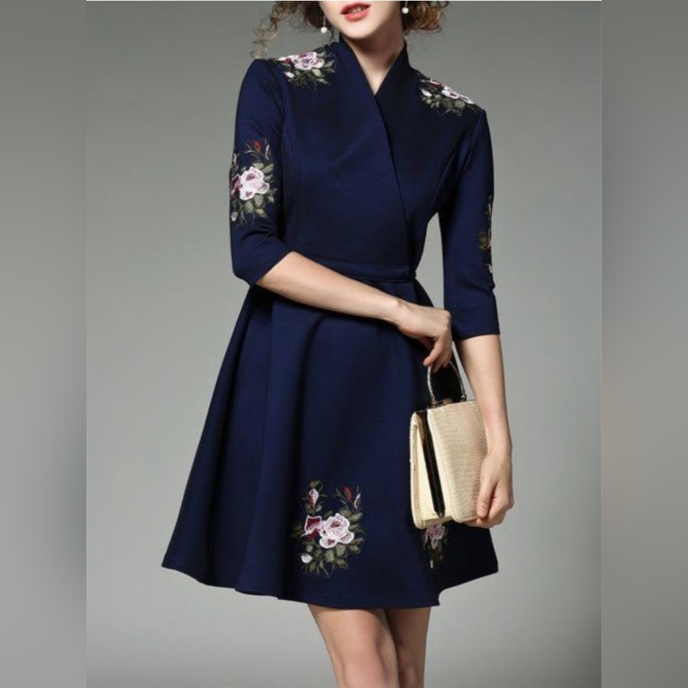Navy Floral Embroidered Fit & Flare Dress